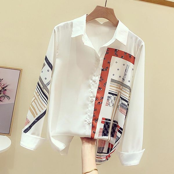 

women's blouses & shirts 2021 autumn style printed chiffon shirt women loose long-sleeved blouse, White