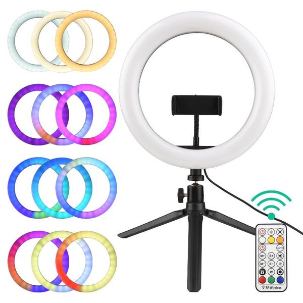 

flash heads 26cm/10inch rgb ring fill light kit muiti colored deskcircle lamp with remote tripod stand & phone holder for live streaming