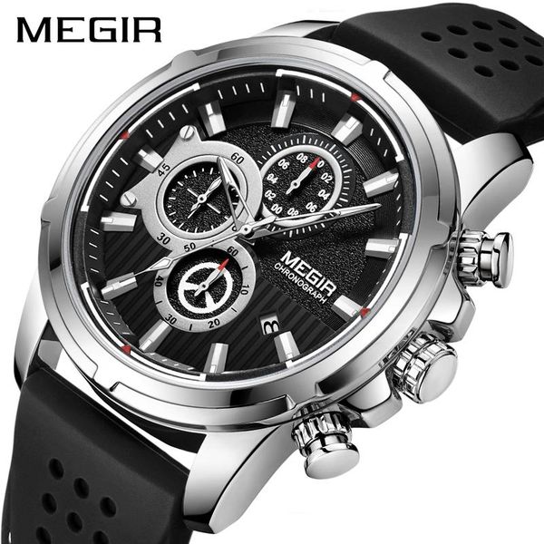 

wristwatches relogio masculino megir sport chronograph silicone mens watches quartz clock waterproof big dial watch men, Slivery;brown