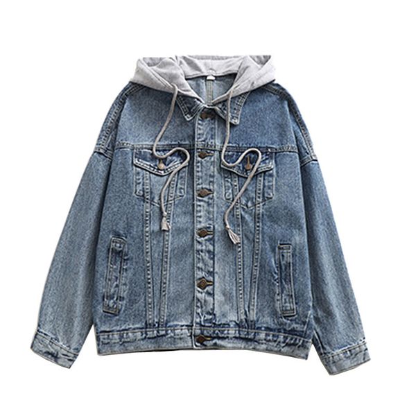 

women denim jacket blue loose pocket hooded c0118 210514, Black;brown