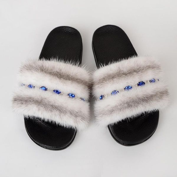 

summer european luxury slippers 100% real mink ladies fashion indoor and outdoor fur wholesale, Black