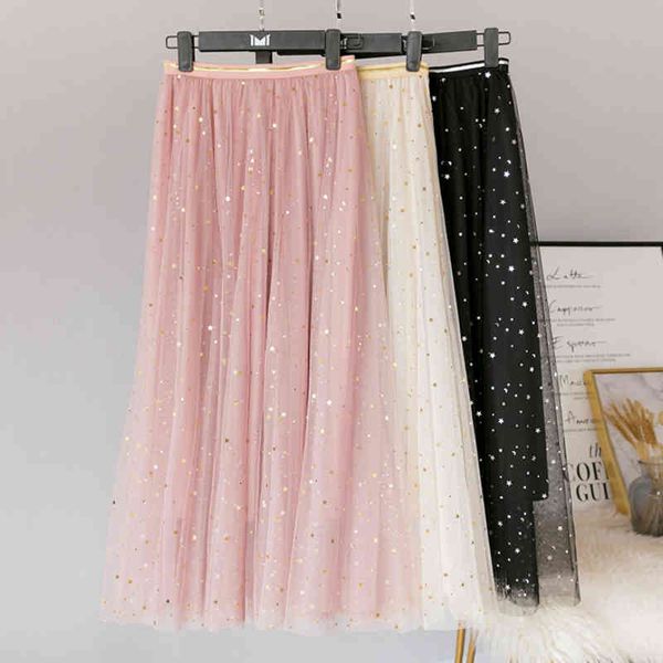 

skirts korean stars sequined layered tulle tutu spring galaxy mesh starry metallic sweet fairy pleated long skirts, Black