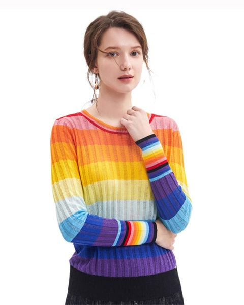 

women's sweaters zhili knit rainbow striped thin sweater, White;black