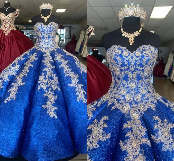 Bling Royal Blue Gold кружева Quinceanera платья 2021 без бретелек пухлые шариковые платья корсет обратно выпускной выпускной конкурс сладкий 16 девочек с ними