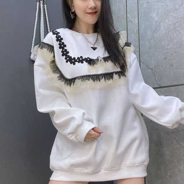 

women's hoodies & sweatshirts preppy design lace spliced women large size winter fleece warm pullovers, Black