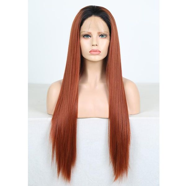 

synthetic wigs aimeya dark roots ombre copper brown lace front wig silky straight for women heat resistant hair natural, Black