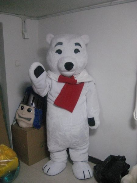 Costume della mascotte dell'orso polare con sciarpa rossa di Halloween Personaggio a tema anime dei cartoni animati di alta qualità Formato adulto Costume da festa di compleanno di carnevale di Natale