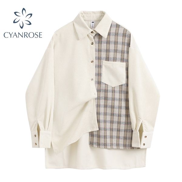 

patchwork plaid women blouse autumn elegant long sleeve korean fashion casual loose turn-down collar female shirts streetwear 210515, White