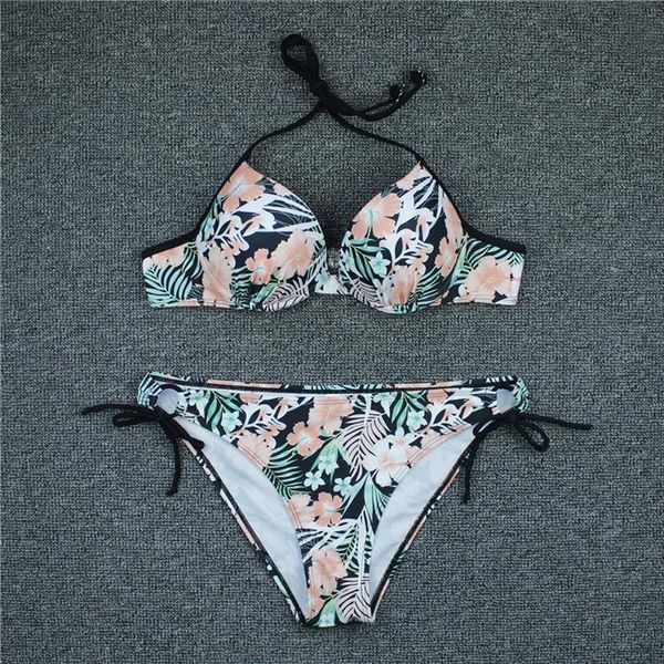 

summer halter flower printed women swimwear bikini set bandage push up padded bathing suit beach swimsuit, White;black