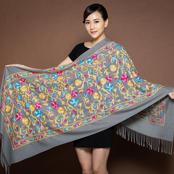 

scarves multifunctional women scarf spring and autumn chinese style cloak embroidered flower oversized shawl long dual-use, Blue;gray