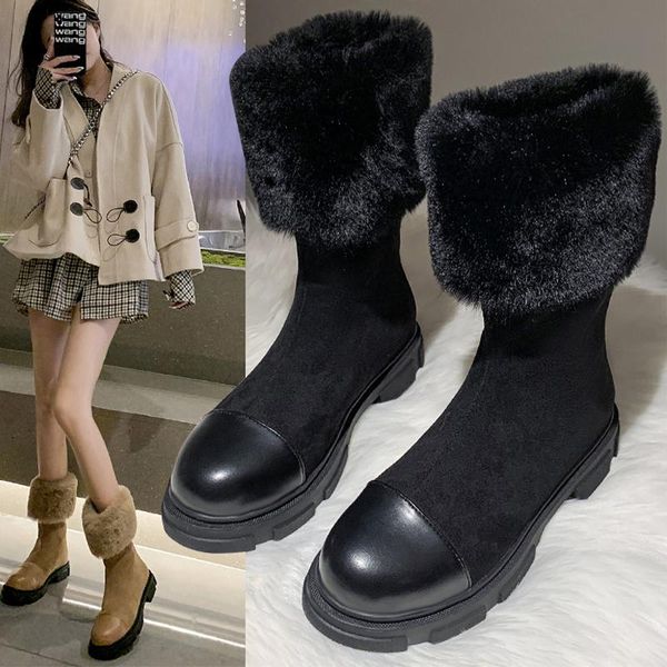 

boots 2022 women fur platform winter fashion chunky gladiator zipper goth motorcycles snow warm short plush mujer shoes, Black