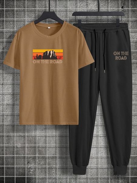 

romwe guys slogan mountain graphic tee & drawstring sweatpants t9q5#, Gray