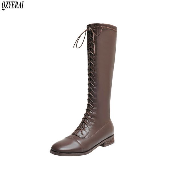 

qzyerai knee high boots genuine leather women boots warm winter with low motorcycle knight snow women shoes, Black