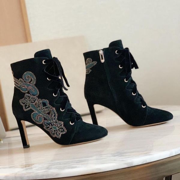 

boots bota feminina kid suede ankle super high woman floral pointed toes heels cross-tied, Black