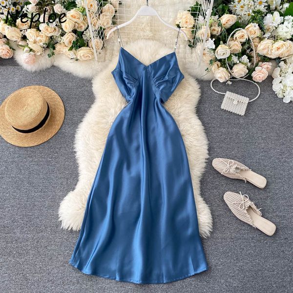 

neploe v-neck spaghetti strap dress summer beach solid color satin midi dresses elegant high waist vestidos new 1f149 210423, Black;gray