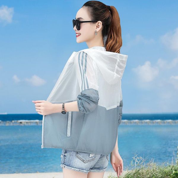 

women's trench coats 2021 summer thin loose coat women cardigan female uv sun protection hooded sunscreen beach stitching windbreaker c, Tan;black