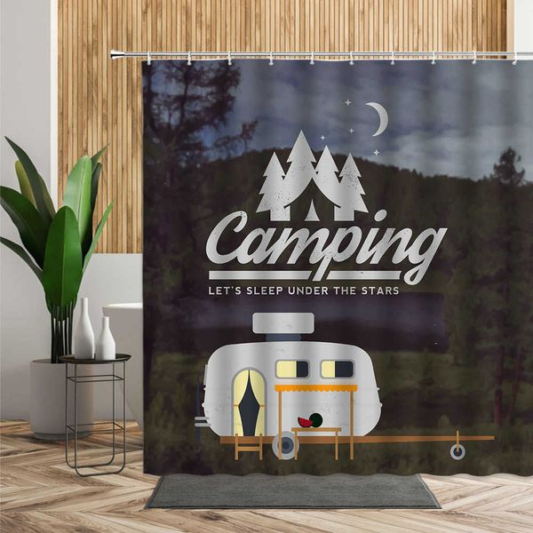 Wald Camping Poster Duschvorhang Camper Auto Wald Badezimmer Bad Dekore Outdoor Landschaft Hintergrund Tuch 3D Zimmer Vorhänge Set 210609