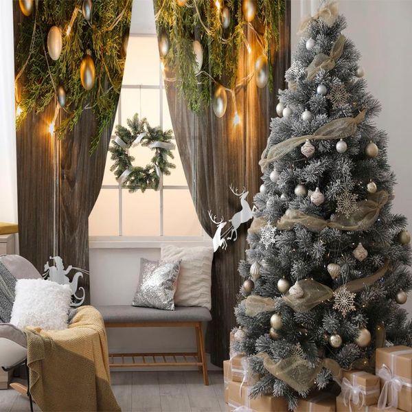 

curtain & drapes pine tree branches balls and santa claus flying on his sleigh with reindeers pattern wooden wall po green brown
