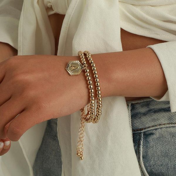 

link, chain states ms accessories double ccb golden round bead bracelet with hexagonal geometry english letters a, Black