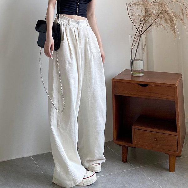 

women's pants & capris women summer corduroy ladies button high waist straight loose wide-leg trousers casual retro mopping drape, Black;white