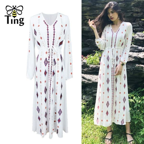 

casual dresses tingfly bohemian geometric embroidery maxi dress women drawstring waist summer beach style long vestidos plus size, Black;gray