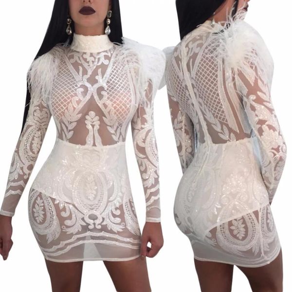 

casual dresses 2021 sexemara long sleeve transparent sequin feather bodycon dress vestidos 1920s vintage gatsby mini, Black;gray