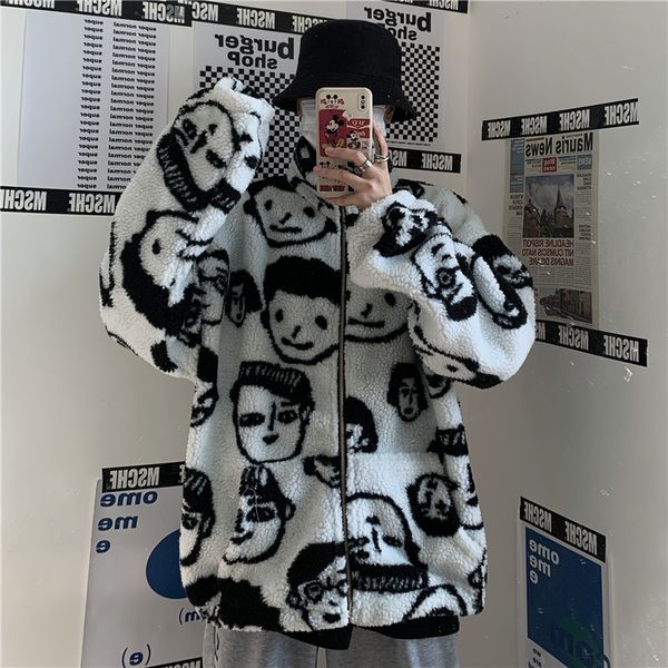 Koreanische Wintermischungen Neuer Harajuku Lazy BF Style Mantel Niedliche Cartoons Druck Volle Hülsenjacke Lammwolle Warm Halten Reißverschluss Oberbekleidung