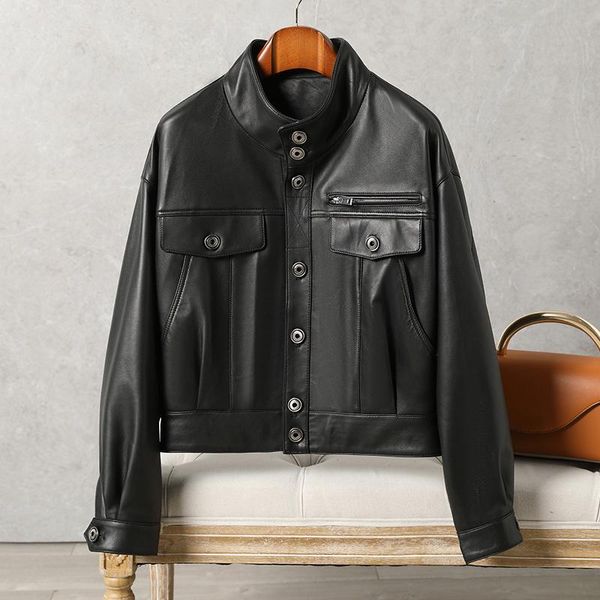 

women's leather & faux shzq spring and autumn 2021 small sheep jacket short motorcycle fashion trend, Black
