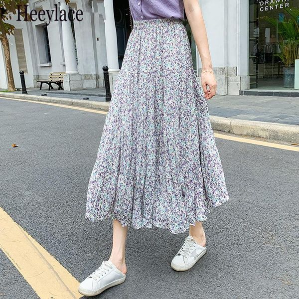 

skirts chiffon skirt print floral a-line spring summer elegant mujer faldas high waist 2021 korean pleated woman, Black