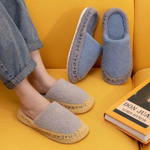 

slippers women indoor warm plush home slipper female flat floor shoes non-slip casual couples winter cotton men, Black