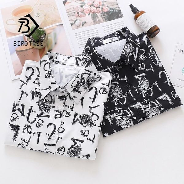 

women's blouses & shirts spring women vintage loose letter print shirt long sleeve button up white chiffon blouse turn-down collar autu