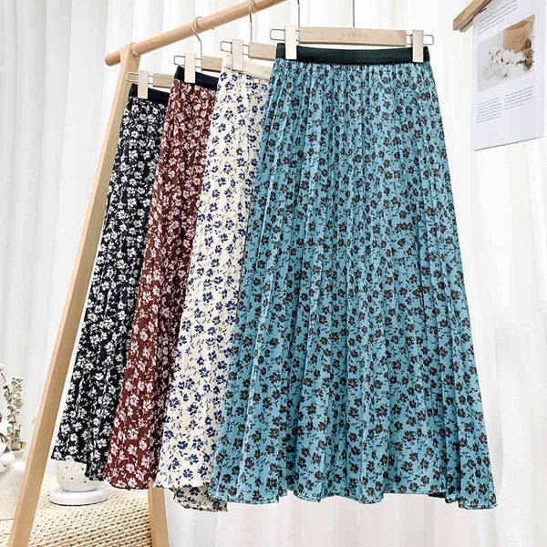 

skirts spring prairie printed a-line pleated retro floral calf long skirts, Black