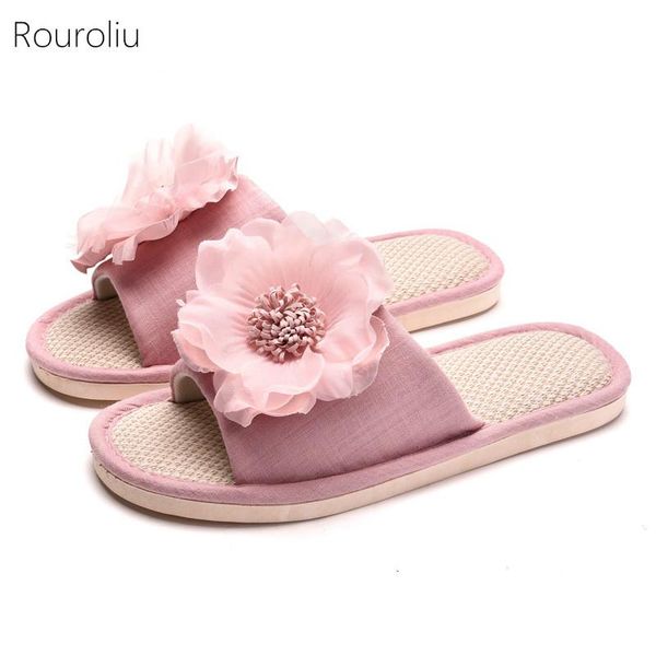 

slippers rouroliu 2021 women non-slip flip flops spring autumn sweet home shoes female linen with flower, Black