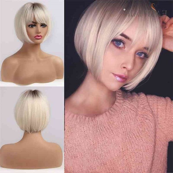 

short hair wig easihair with bangs pixie cut ombre black ash light blonde synthetic for women cosplay wigs heat resistant