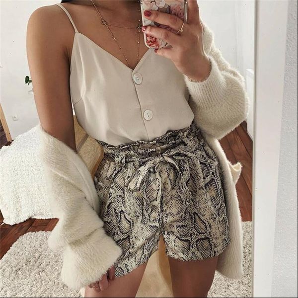 

women short fashion snkae print high waist shorts elegant ladies summer trousers dames loose snakeskin feminino streetwear, White;black