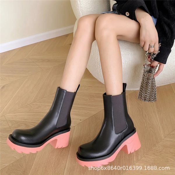 

b family avocado leather muffin thick soled high chelsea women's short medium and large chimney boots, Black