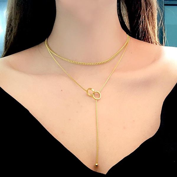

pendant necklaces titanium steel double-layer roman tassel women's necklace bath does not fade temperament clavicle chain gold for wome, Silver
