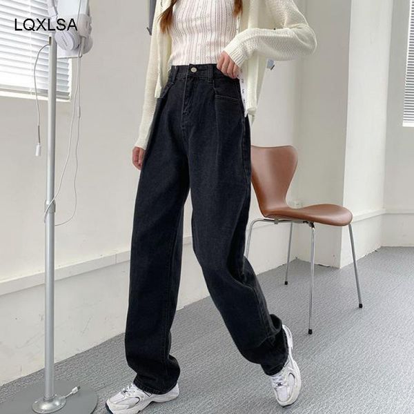 

fashionable high waist jeans black oversized straight trousers autumn wide legs denim pants women women's, Blue