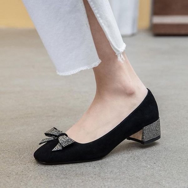 

dress shoes brand autumn rhinestone women suede leather slip on for high heels elegant ladies with, Black