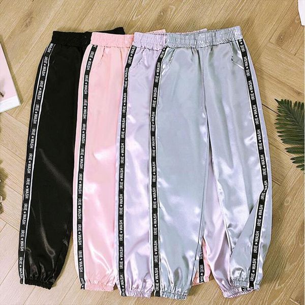

highlight trousers summer big womens pants pocket ribbon satin fashion glossy sporting joggers harajuku loose, Black;white