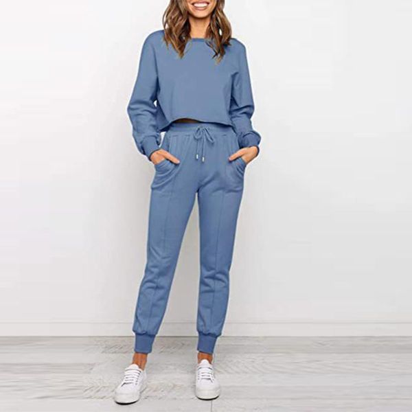 

women's two piece pants o-neck tracksuit set solid long sleeve casual female suits drawstring harem autumn 2021 fashion sets, White