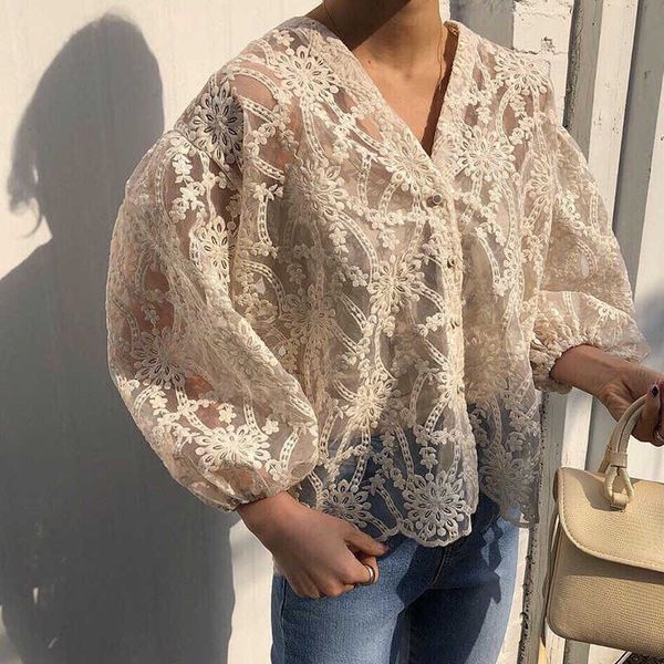 

women blouse hollow out lace patchwork geometry v-neck summer shirt blouse large size 210601, White