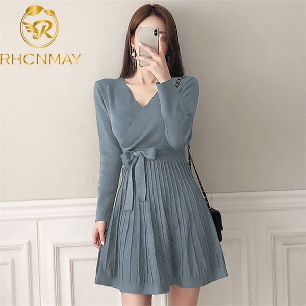 

winter women elegant solid mini dress with belt v neck korean chic slim frenulum es long sleeve sweater 210506, Black;gray