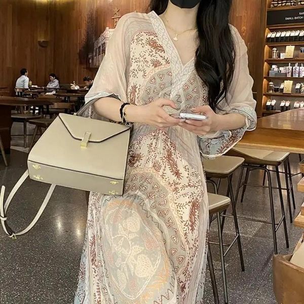 

casual dresses summer ladies chiffon long dress v-neck print high waist spliced women elegant pullover knitting a-line folk bohemian, Black;gray