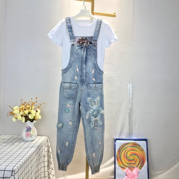 

women's jumpsuits & rompers saveleva women jumpsuit large size denim plus backless long vintage loose streetwear black hollow waist, Black;white