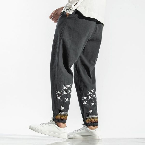 

autumn men harem pants harajuku japanese streetwear cotton linen long trouser jogger chinese baggy male men's, Black