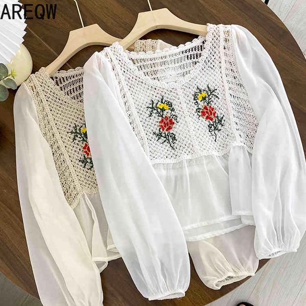 

3203 style college style embroidery knitted chiffon bubble sleeve lotus leaf edge loose show thin female tide 210507, White