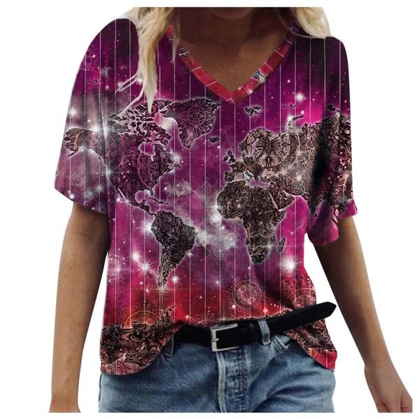 

women's t-shirt ladies casual fashion loose v-neck printed short-sleeved top, White