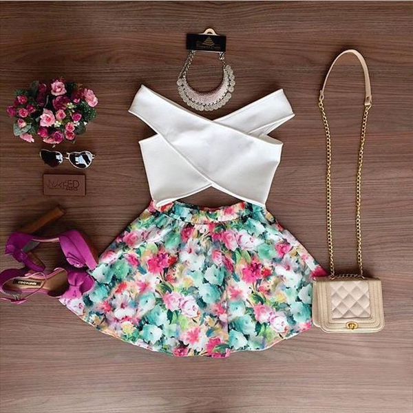 

2pcs set summer floral sleeveless womens skirt evening white v neck short shirt flower colorful mini wholesale, Black