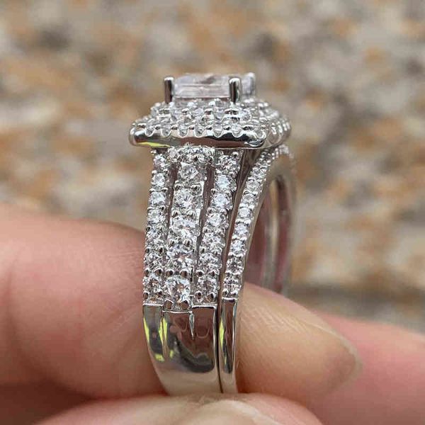 Luxo 925 esterlina prata pavimentar 4 pcs princesa cut sona diamante anéis de casamento para as mulheres simuladas platina jóias menina presente y220223